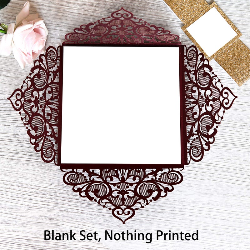 DreamBuilt 6.3 X 6.3 Inch 50PCS Blank Burgundy Laser Cut Wedding Invitations With Envelopes Kit And Gold Glitter Belly Band Wedding Invitation Cards For Wedding invite - Image 2